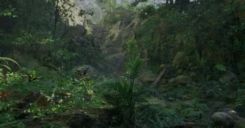 Sunlight filters through dense foliage in a vibrant rainforest Stock Illustration
