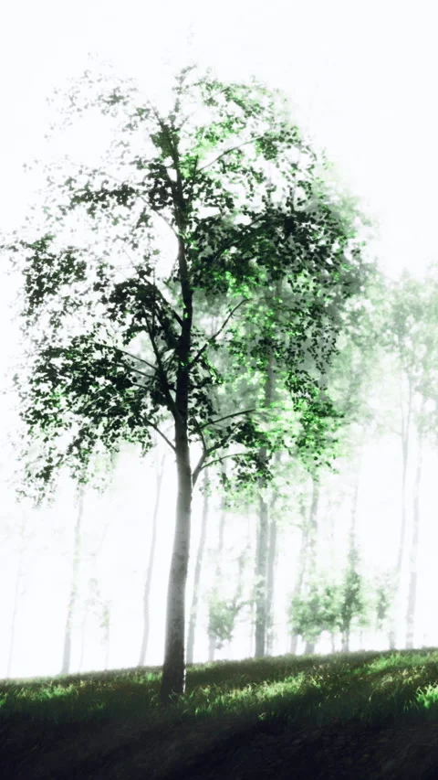 Sunlight filters through lush trees in a serene forest at dawn Stock Footage 331367731