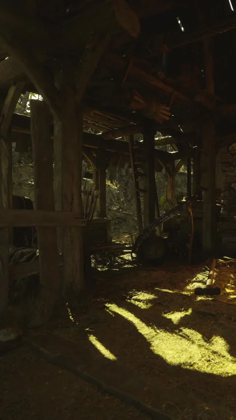 Sunlight filters through an old barn revealing rustic charm and stories Stock Footage 331831378