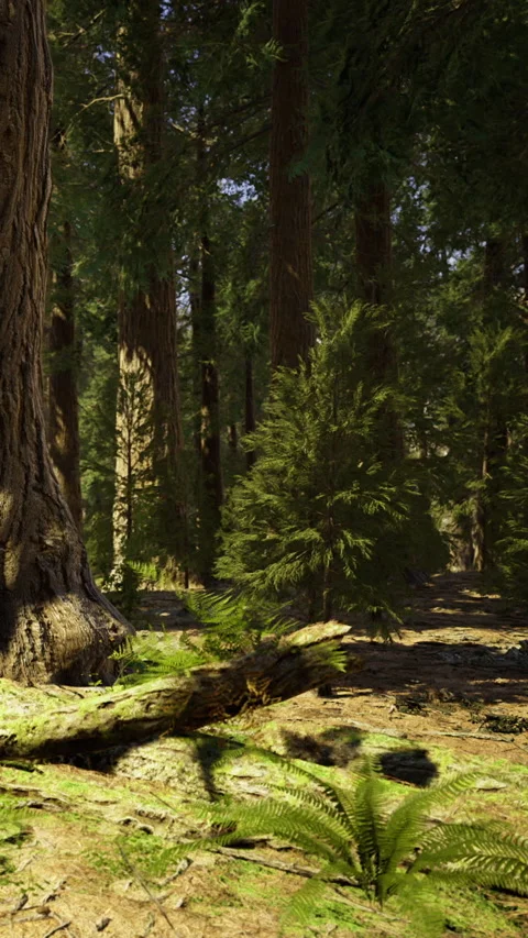 Sunlight filters through tall trees in a vibrant green forest scene Stock Footage 334243976