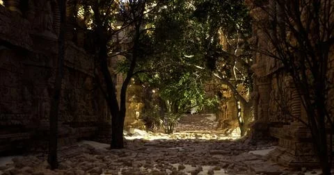 Sunlight filters through trees in ancient ruins surrounded by stone pathways Stock Illustration
