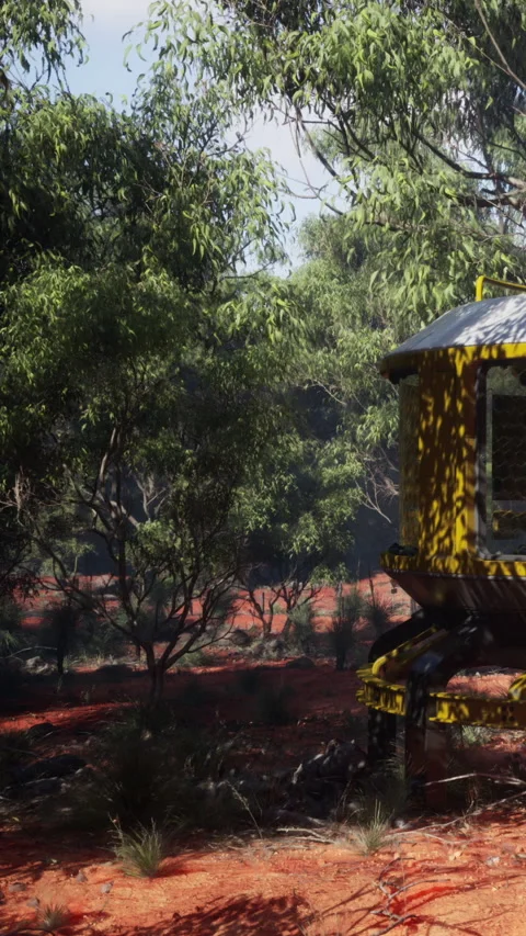Sunlight filters through trees in a red dirt landscape near a yellow structure Stock Footage 343169977