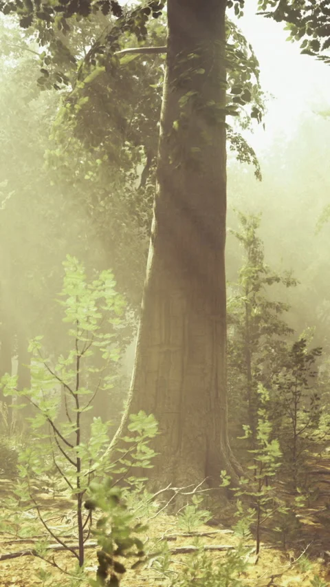 Sunlight filters through trees in a serene forest landscape during morning Vídeos de archivo 326150573