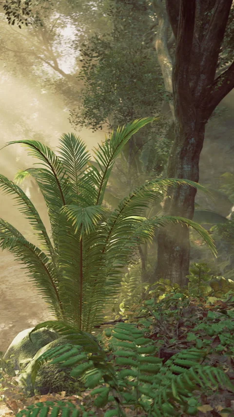 Sunlight filters through trees in a tranquil forest scene with tropical plants Stock Footage 341418977