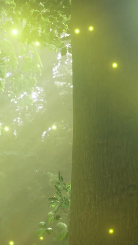 Sunlight filters through trees while small lights float in the air Stock Footage 331636937