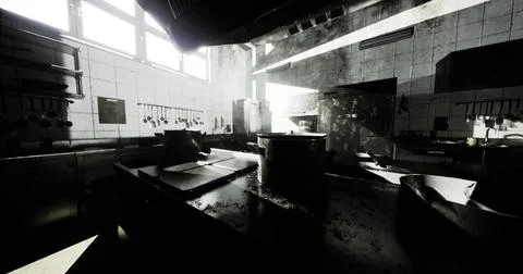 Sunlight filters through windows in a nostalgic old kitchen Ilustración de archivo