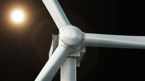 Sunlight Flare Behind Rotor of 3D Rendered Wind Turbine Spinning on Black Stock Footage 332750671