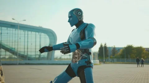 At sunlight girl greets her robot friend hugging it future machine intelligence Stock Footage 132877855