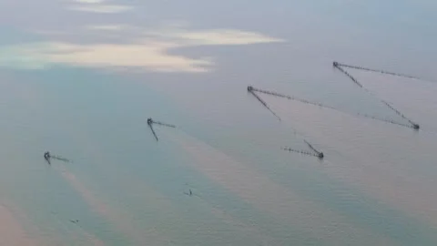 Sunlight glints on ocean surface with floating fishing gear Stock Footage 333047770