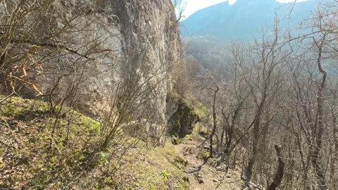 Sunlight glints off a rocky path through leafless trees. Mount Ozren 스톡 동영상 330957982