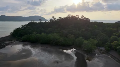 Sunlight glows over lush green hills meeting calm waters Stock-Footage 337991336