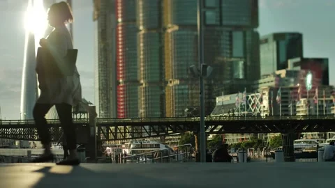 Sunlight hitting Crown Casino reflecting on pedestrians Darling Harbour Stock Footage 202105820