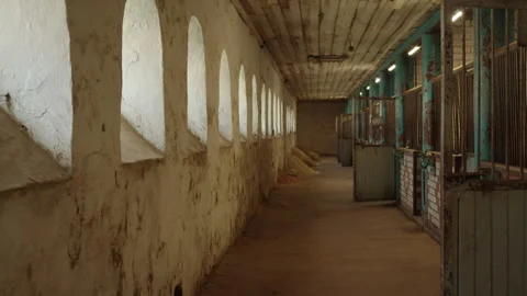 Sunlight illuminates the aisle of an empty stable through a row of arched Video stock 292487732