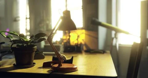 Sunlight illuminates a cozy workspace with plants and a lamp Stock Illustration