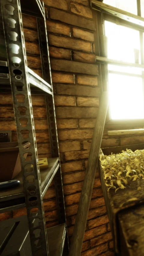 Sunlight illuminating a rustic room filled with shelves and natural elements Stock Footage 334243039