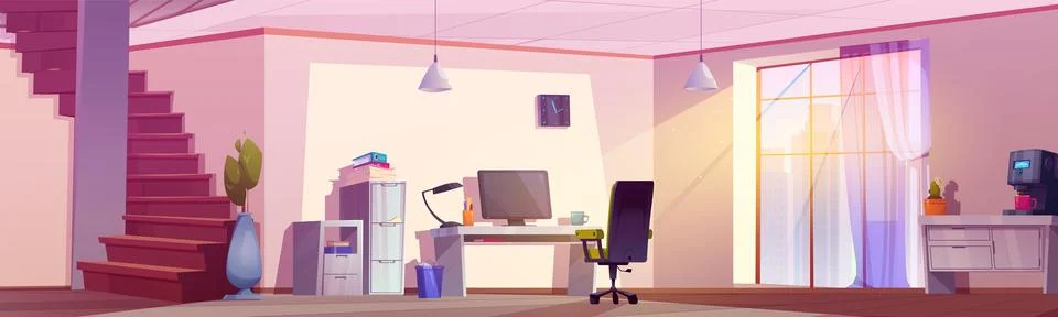 Sunlight inside house with work desk and staircase Stock Illustration