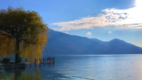 Sunlight over Alpine Lake with Mountain and Tree Stockbeeldmateriaal 111697989