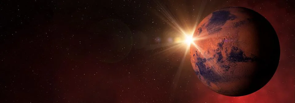 Sunlight over the planet Mars in the red starry outer space Ilustração Stock