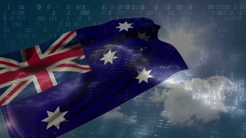 Sunlight peeking from cloud causing Australian flag waving and binary digits Stock Footage 310864435