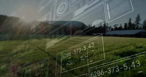 Sunlight peeking starting drone drifting over meadow while HUD panels scanning 스톡 동영상 310864408