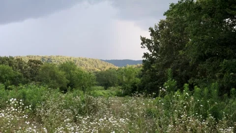 Sunlight peeks through rainclouds in a mountain valley, 4k 動画素材 337204603