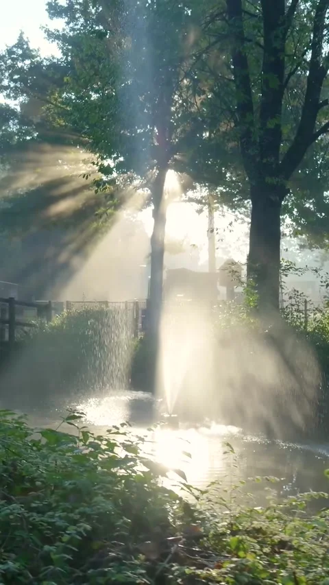 Sunlight rays shining through morning fog in park Stock Footage 327108687