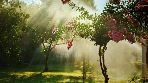 Sunlight rays through garden sprinkler watering pink flowers and green tree.. Vídeos de archivo 334830759