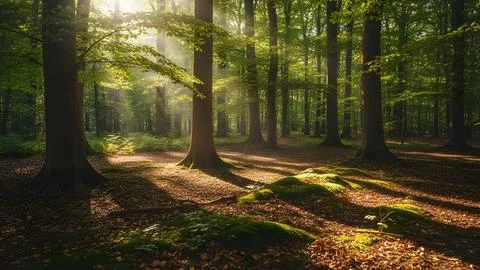 Sunlight Rays Through Green Forest Trees Creating Peaceful Natural Atmosphere Stock Photos