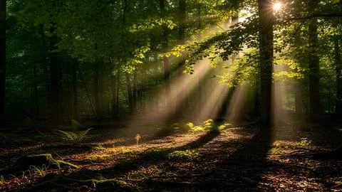 Sunlight Rays Through Green Forest Trees Creating Peaceful Natural Atmosphere Stock Photos