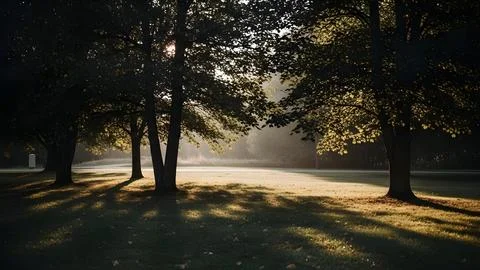 Sunlight Rays Through Green Forest Trees Creating Peaceful Natural Atmosphere Stock Photos