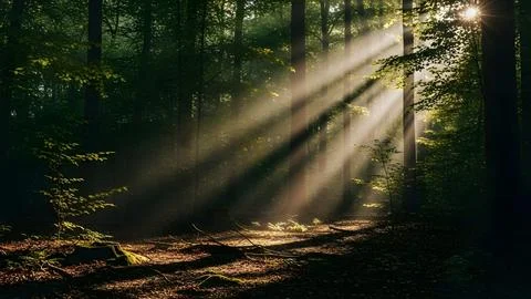 Sunlight Rays Through Green Forest Trees Creating Peaceful Natural Atmosphere Stock Photos