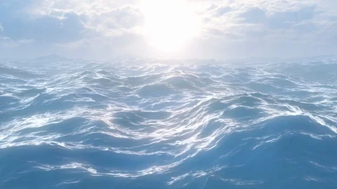 Sunlight Reflecting Off Deep Sea Ocean Waves with Sun in Cloudy Sky Stock Footage 128900739