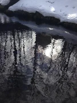 Sunlight Reflection On Water With Snow Stock Photos