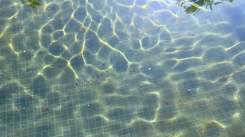 Sunlight reflections on rippling water in a decorative pool Stock Footage 282532377