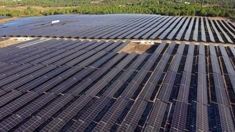 Sunlight reflects off orderly rows of solar panels Video stock 346062897