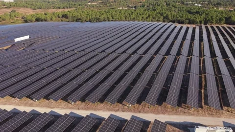 Sunlight reflects off vast solar panel fields Video stock 346062553