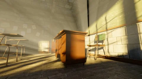 Sunlight shines into the empty and abandoned old classroom Stock Footage 262739454