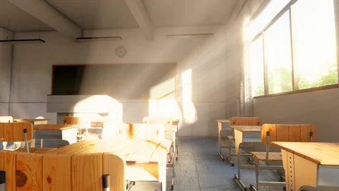 Sunlight shines into the empty classroom Stock Footage 328389402
