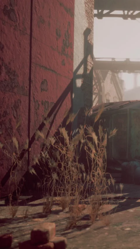 Sunlight shines on neglected area with dried grass and old structures Stock Footage 343156553