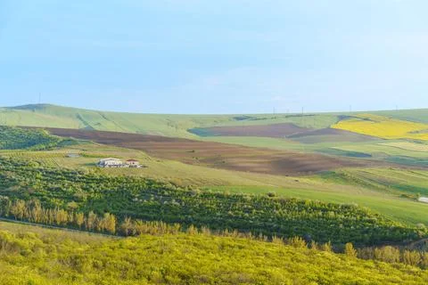 Sunlight shines over green fields and farmland in a rural setting on a clea.. Stock Photos