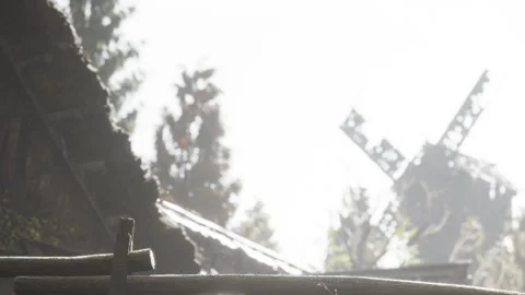 Sunlight shines on ruins of a windmill and old buildings in a forest Stock Footage 339872893