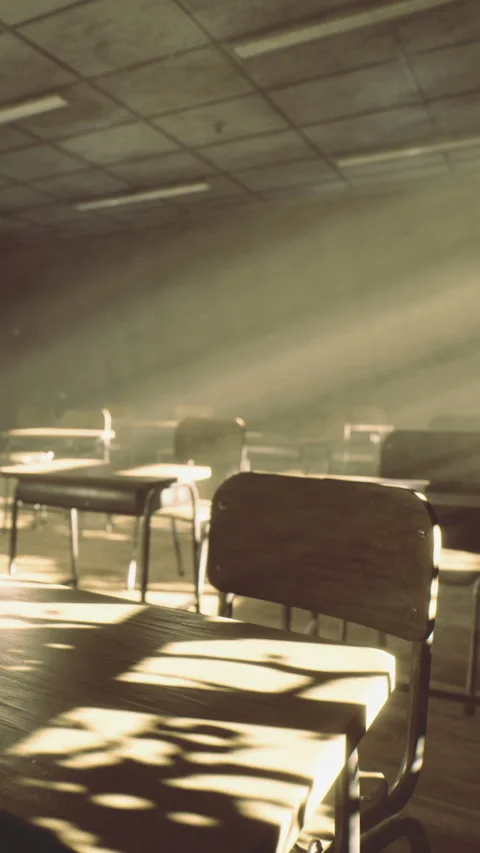 Sunlight shines through classroom windows during quiet school hours Stock Footage 334886550