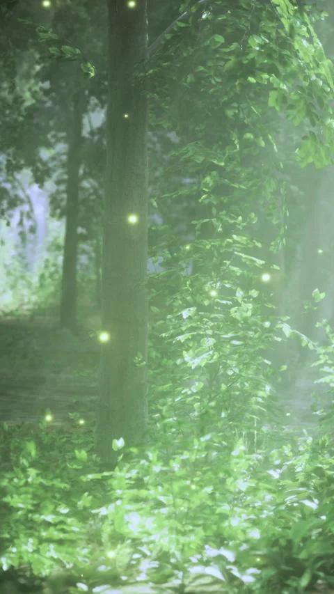 Sunlight shines through trees in a forest with glowing elements at dusk Stock Footage 331673965