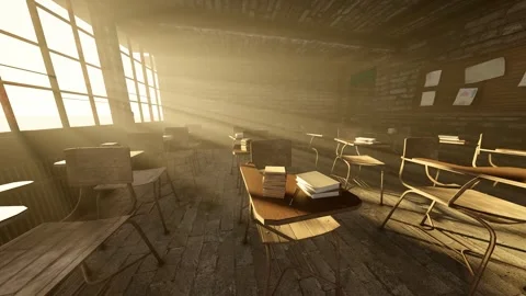 Sunlight shines through the window into the empty old classroom Stock Footage 318566049