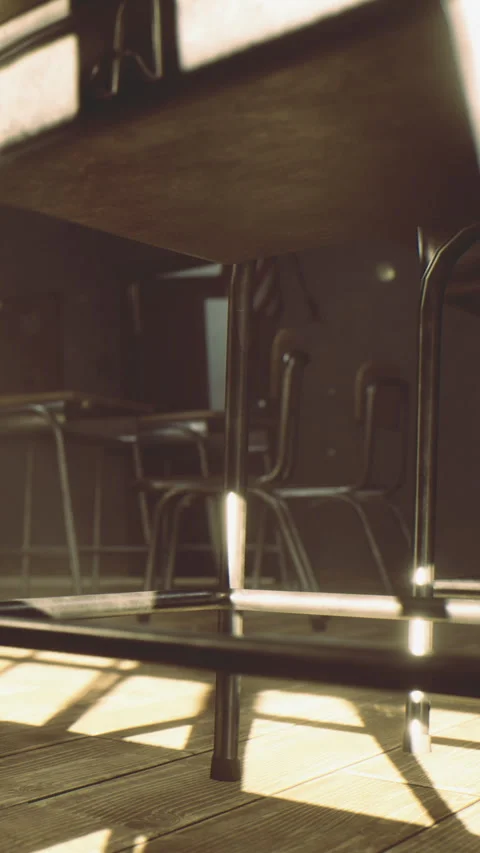 Sunlight shines through the window onto empty chairs and tables in a room Stock Footage 333564745
