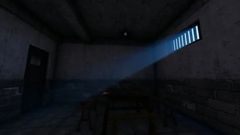 Sunlight shines through the windows of a gloomy prison Stock Footage 288171933