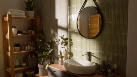 Sunlight Shining on Modern Bathroom Interior with Round Mirror Stock Footage 342721005