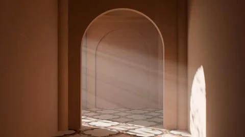 Sunlight shining through arched hallway interior. 3d render Stock Illustration