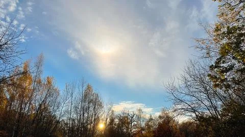 Sunlight shining through cirrus clouds over bare and yellow autumn trees. W.. Stock Photos