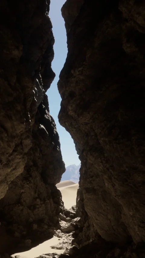 Sunlight shining through rock formation in desert canyon Video stock 340260053